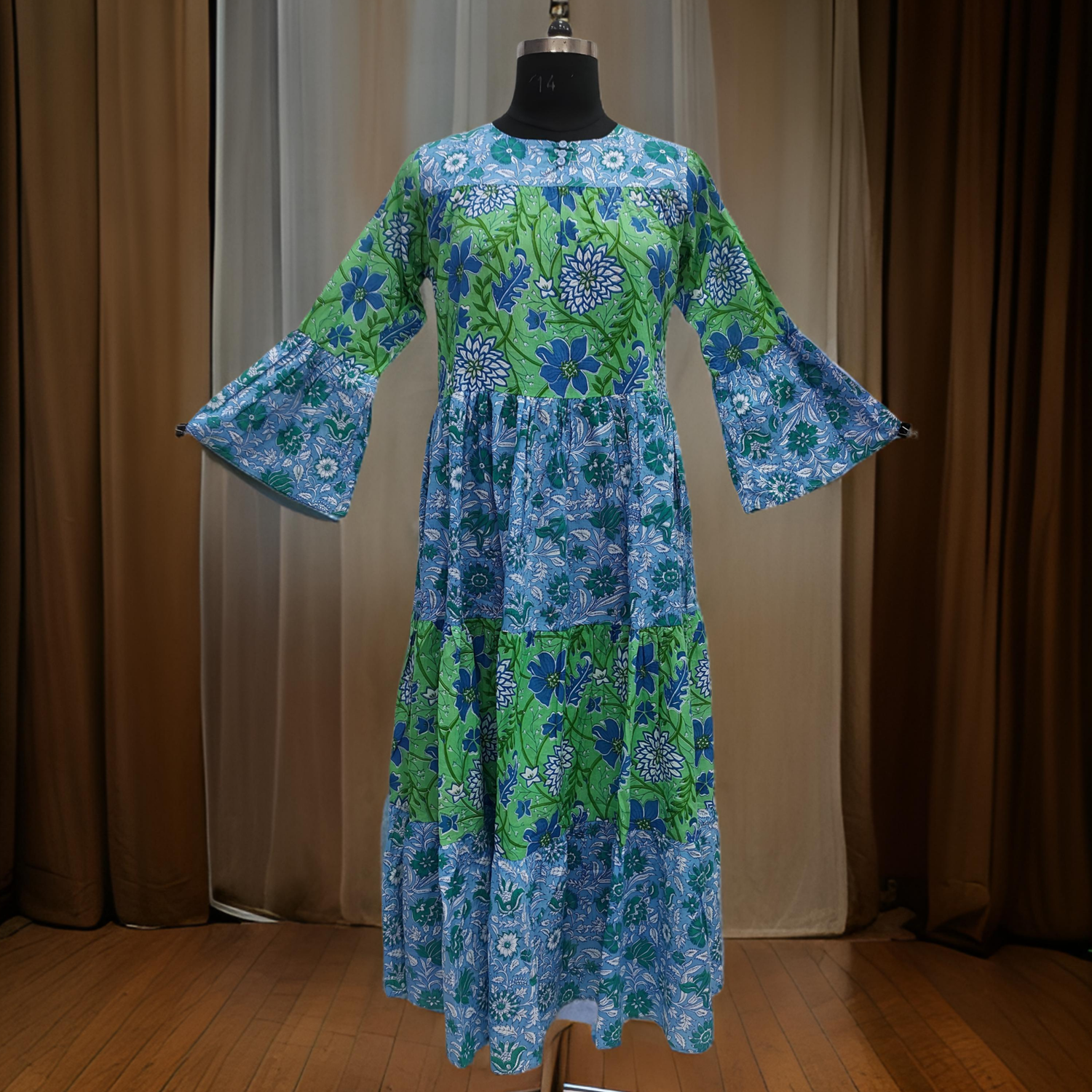 L/XL Blue And Green Moon Printed Cotton Dress 57&quot; Long Jalabiya