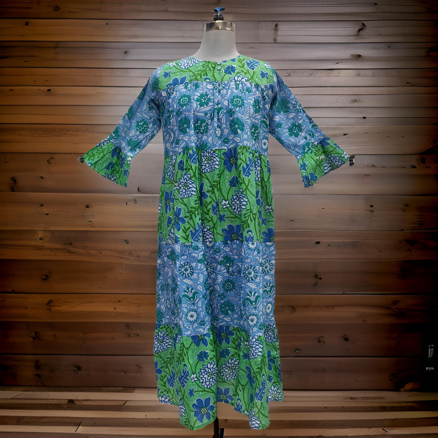 12-13 Year Green And Blue Moon Printed Cotton Girls Dress 50&quot; Long Jalabiya