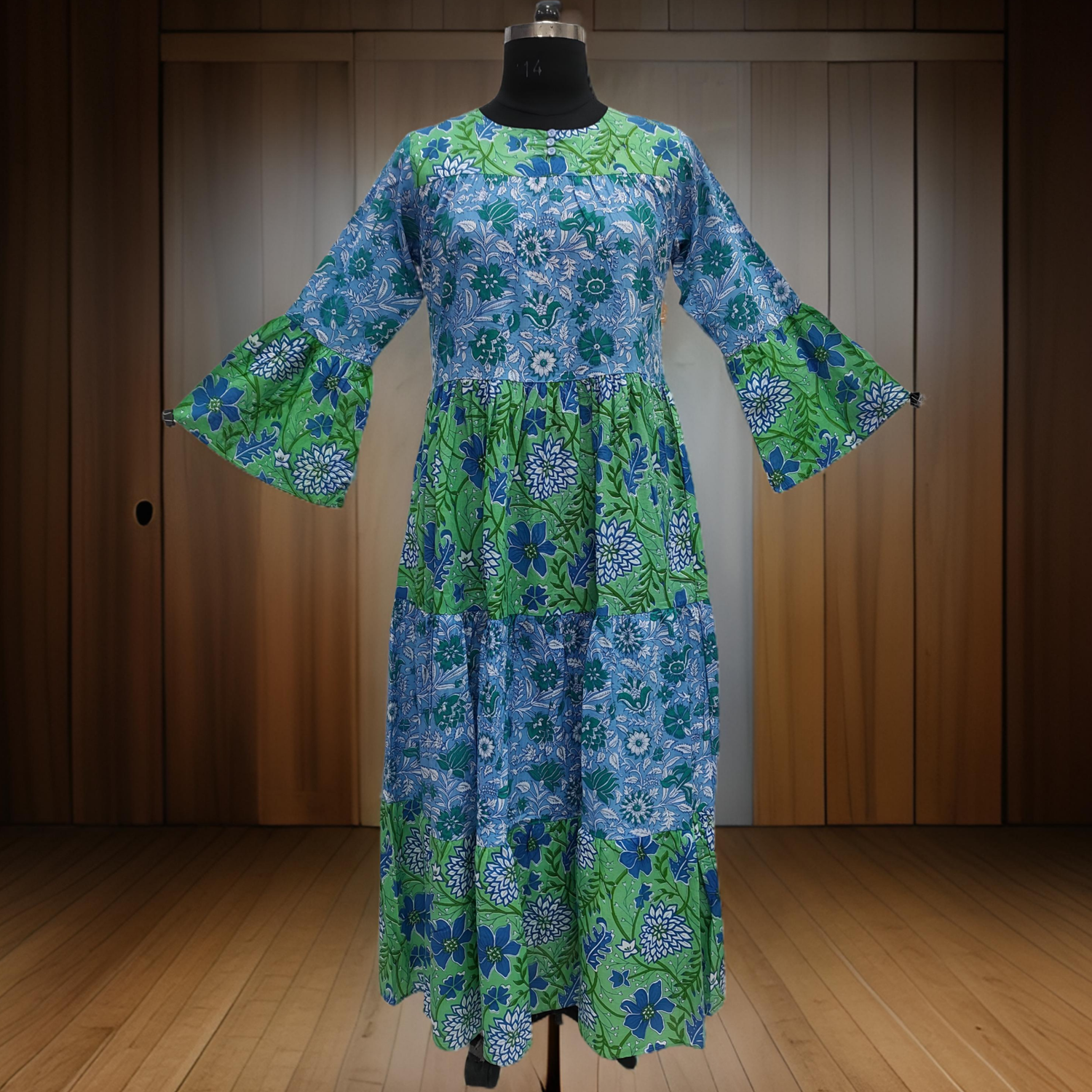 2XL/3XL Green And Blue Moon Printed Cotton Dress 57&quot; Long Jalabiya