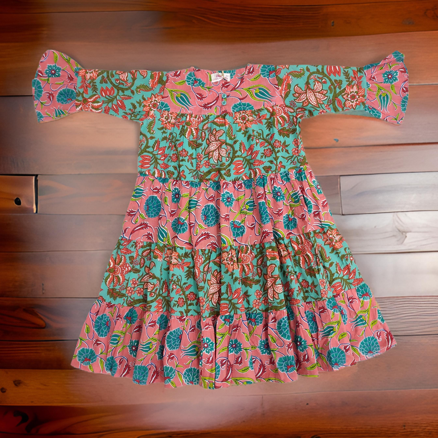 4-5 Year Pink And Green Moon Printed Cotton Girls Dress 34&quot; Long Jalabiya