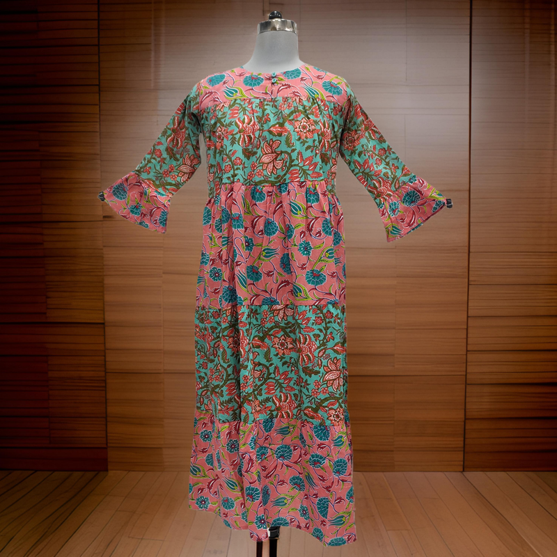 10-11 Year Pink And Green Moon Printed Cotton Dress 46&quot; Long Jalabiya