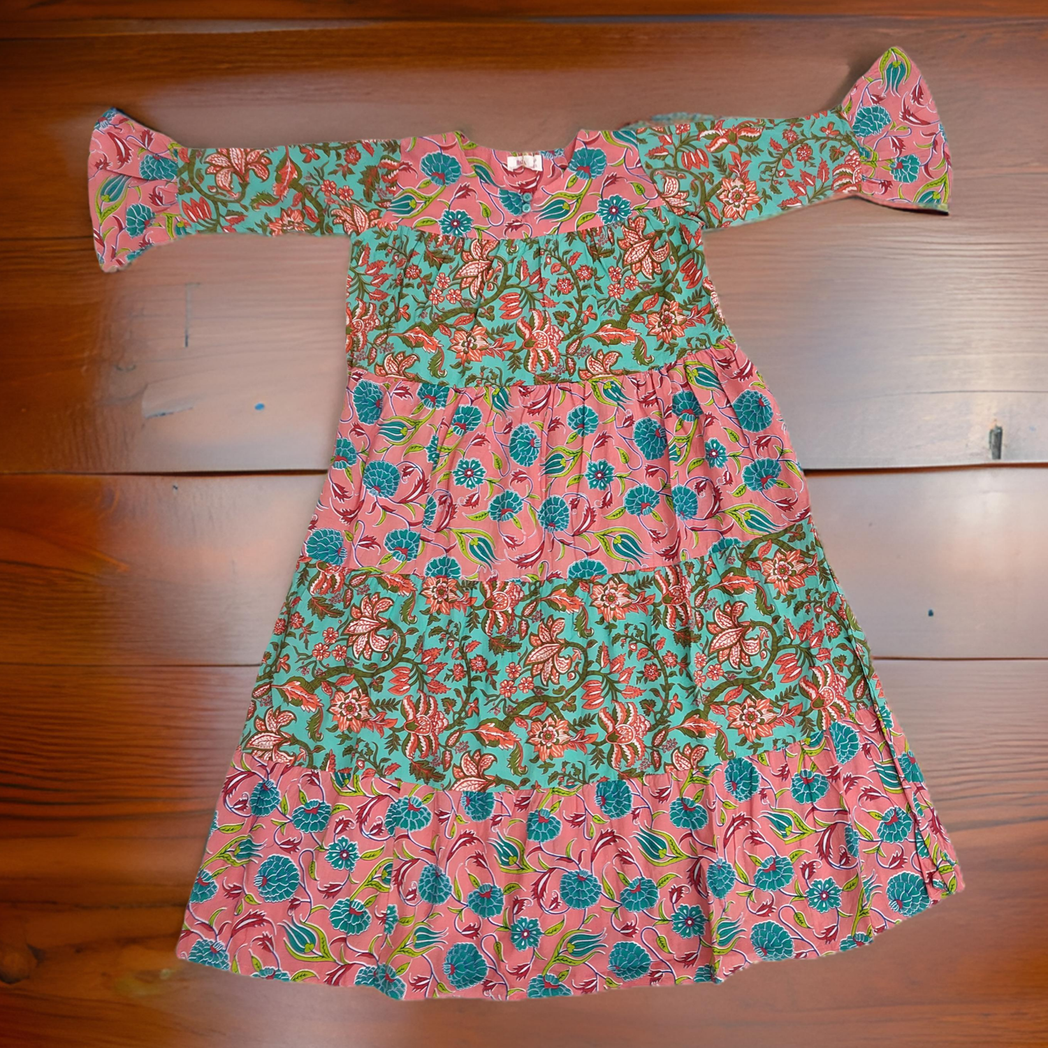 8-9 Year Pink And Green Moon Printed Cotton Girls Dress 42&quot; Long Jalabiya