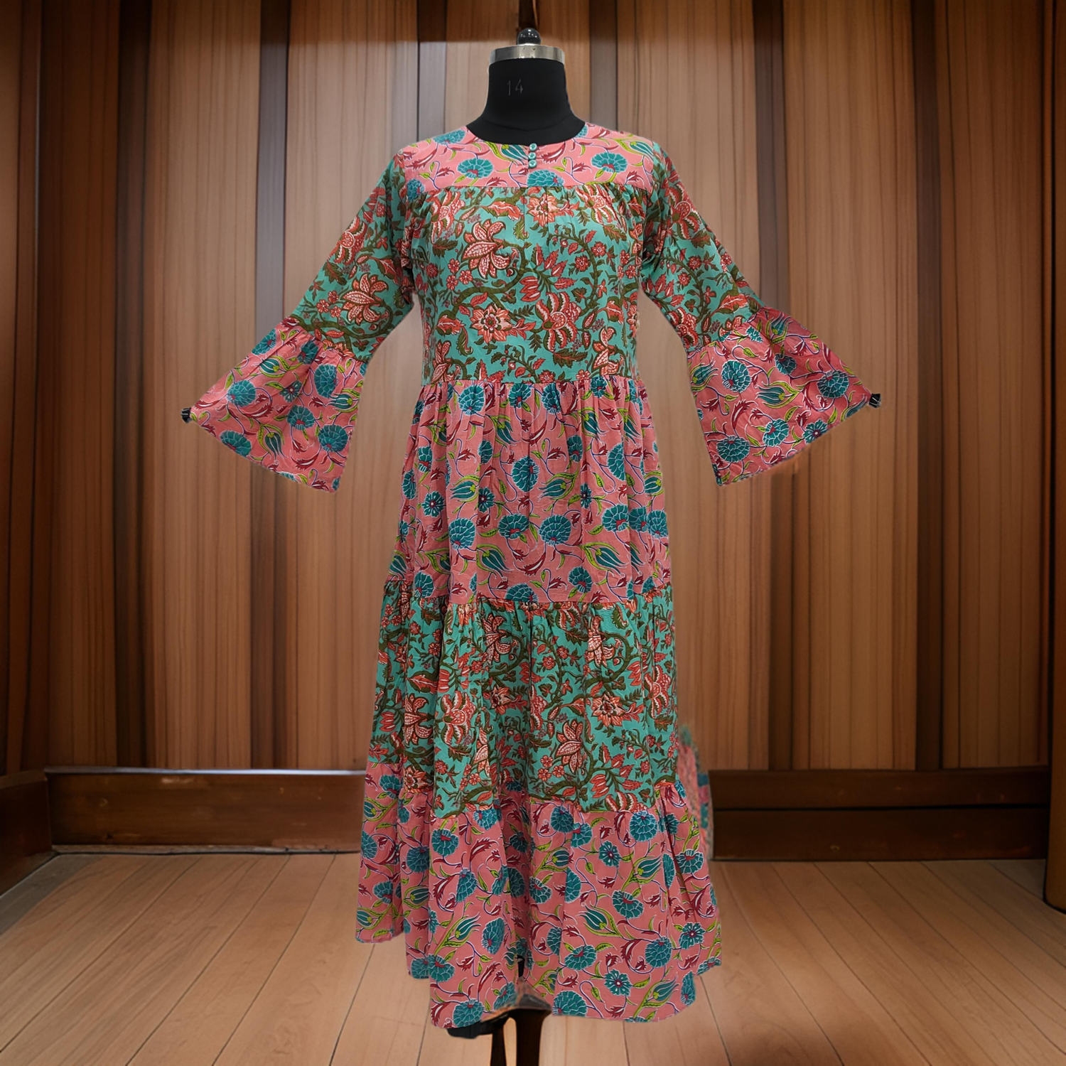 S/M Pink And Green Moon Printed Cotton Dress 57&quot; Long Jalabiya