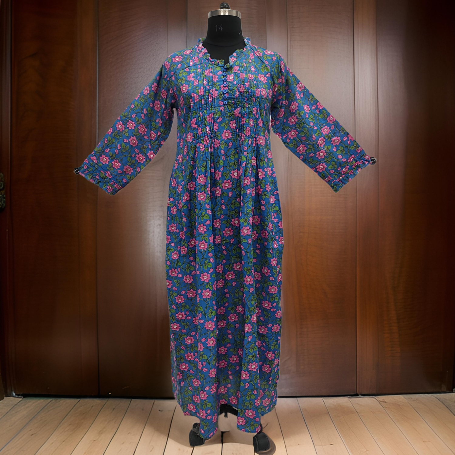 2XL/3XL Blue Sparrow Printed Cotton Dress 57&quot; Long Jalabiya