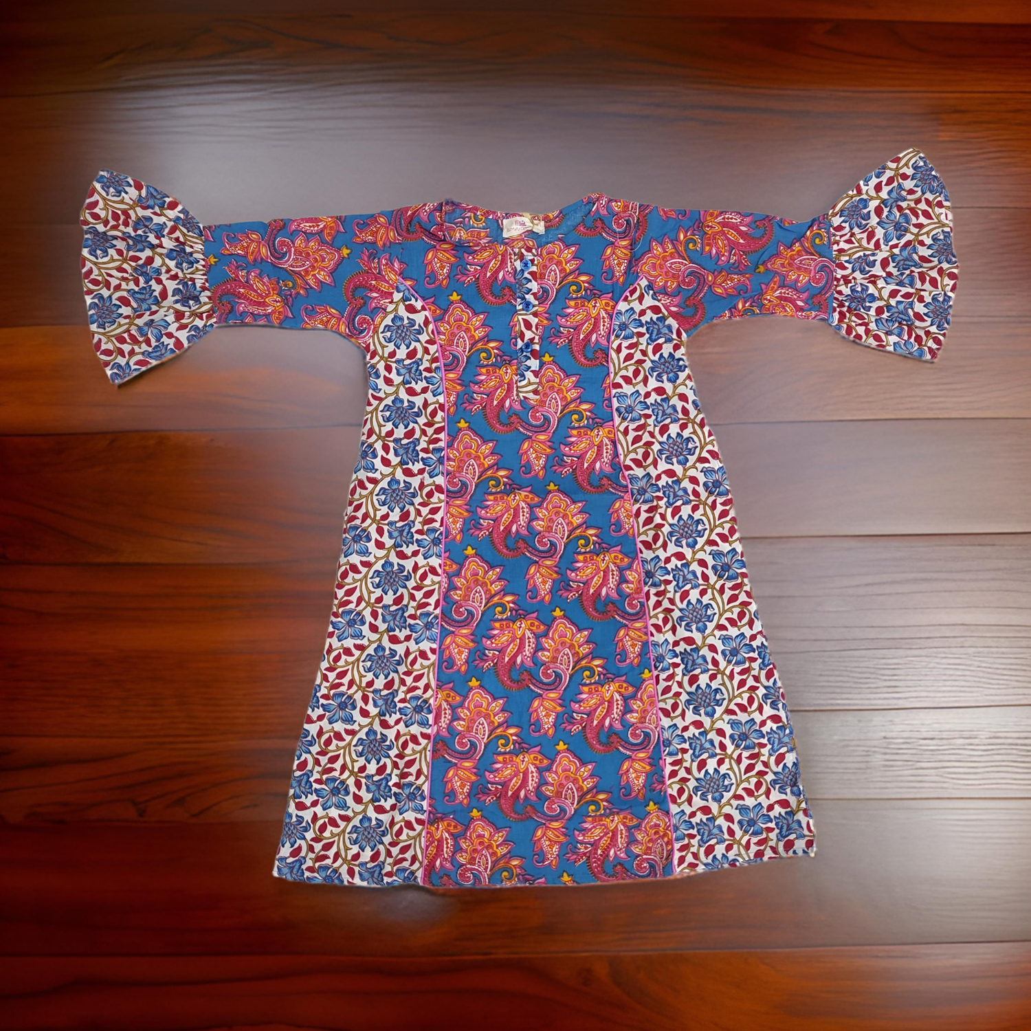 6-7 Year Blue And White Marry Printed Cotton Girls Dress 38&quot; Long Jalabiya