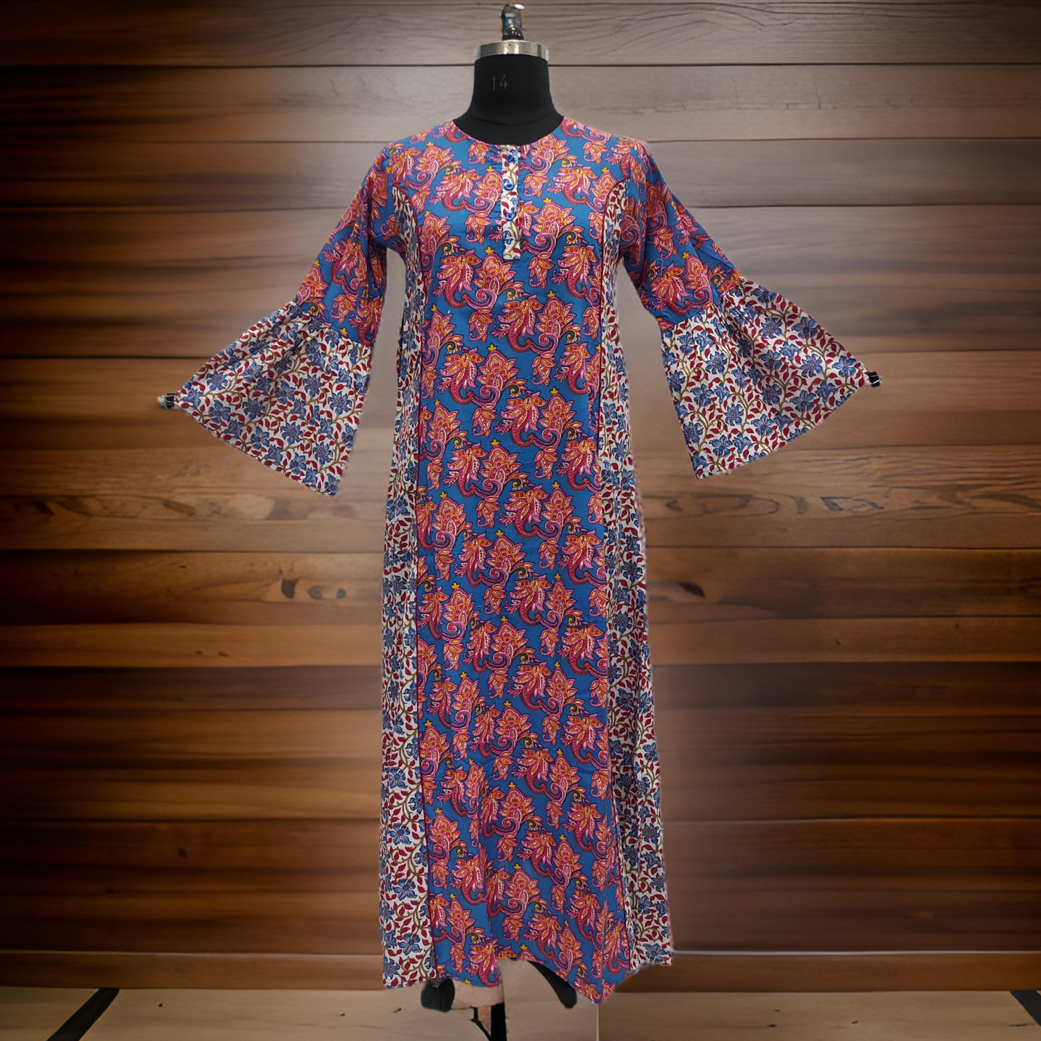 S/M Blue And White Marry Printed Cotton Dress 57&quot; Long Jalabiya