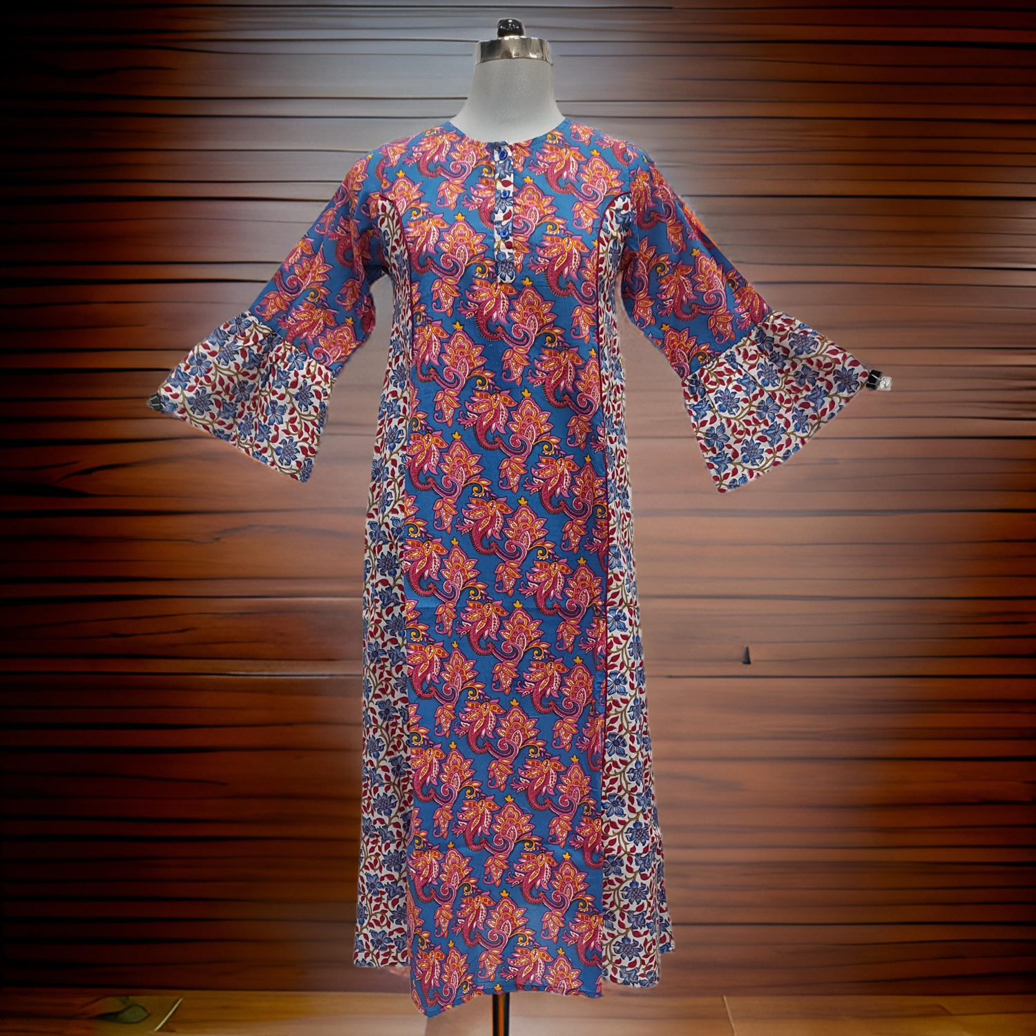 10-11 Year Blue And White Marry Printed Cotton Girls Dress 46&quot; Long Jalabiya