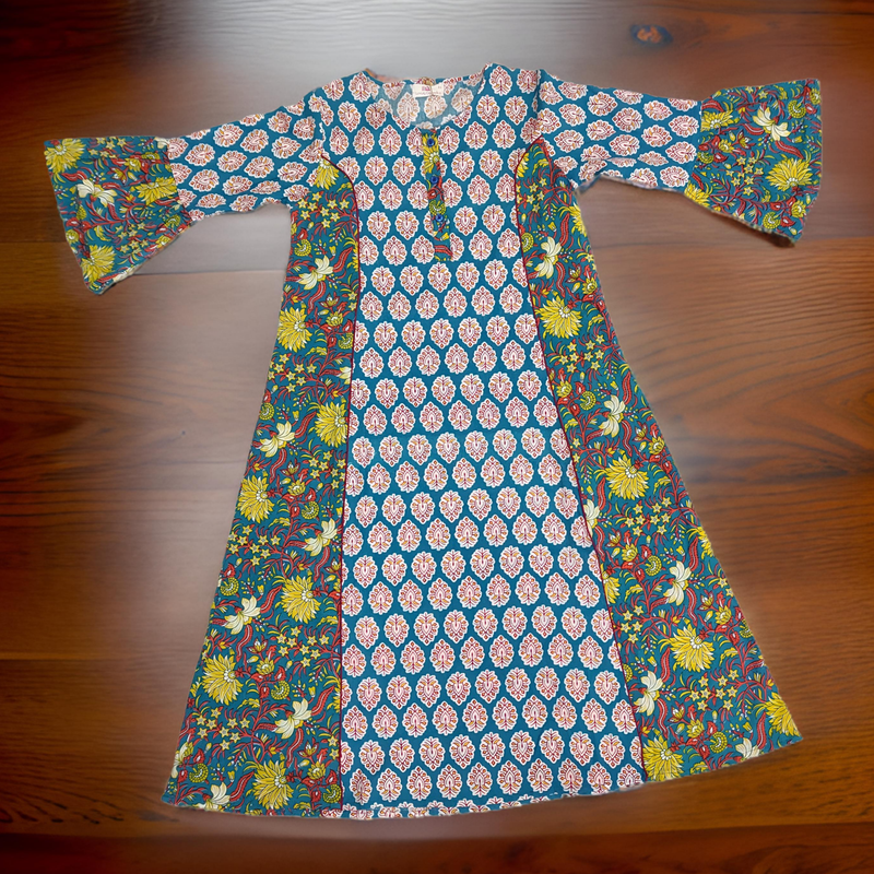 8-9 Year Red And Yellow Marry Printed Cotton Girls Dress 42&quot; Long Jalabiya