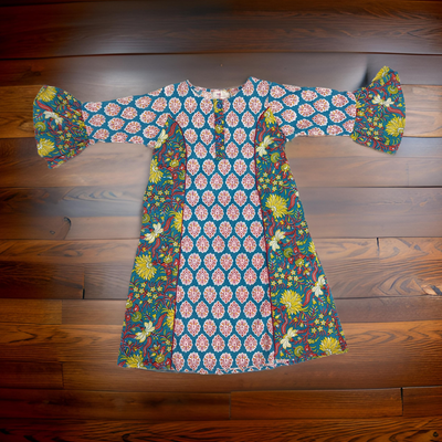 4-5 Year Red And Yellow Marry Printed Cotton Girls Dress 34&quot; Long Jalabiya