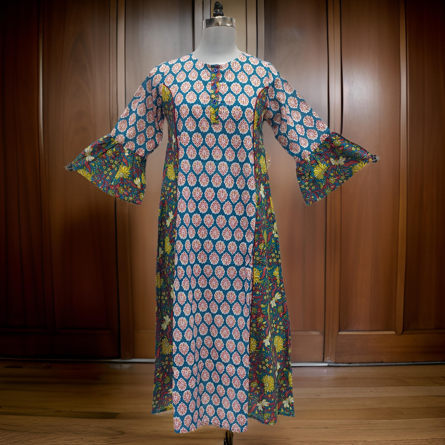10-11 Year Red And Yellow Marry Printed Cotton Girls Dress 46&quot; Long Jalabiya