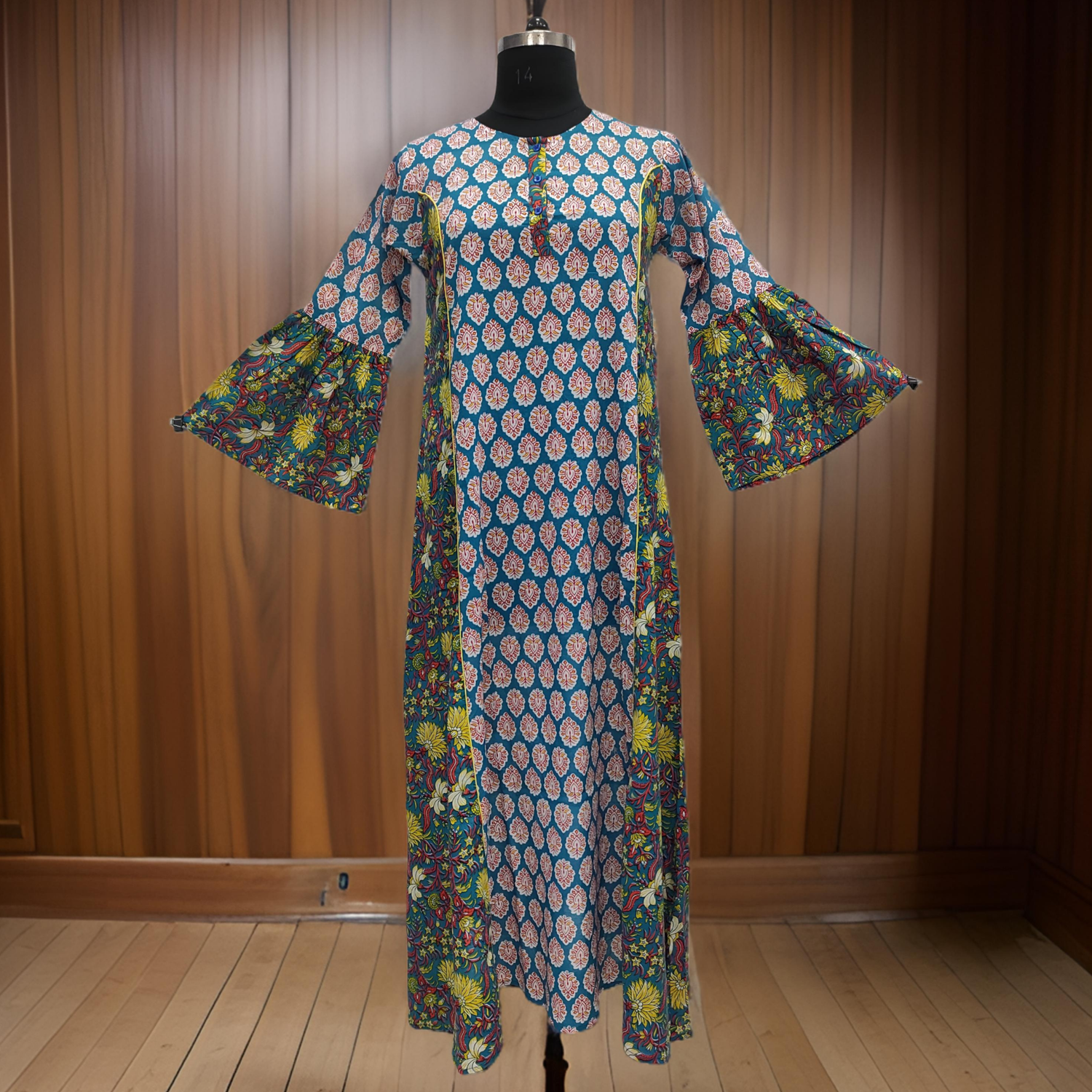 S/M Red And Yellow Marry Printed Cotton Dress 57&quot; Long Jalabiya