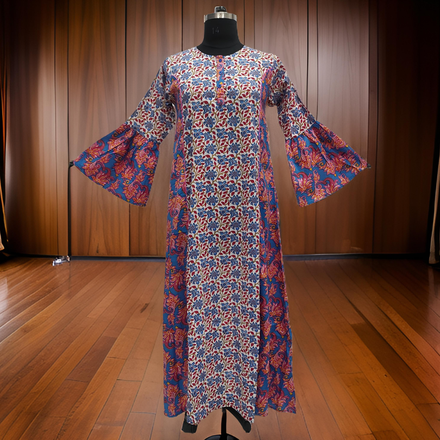 L/XL White And Blue Marry Printed Cotton Dress 57&quot; Long Jalabiya