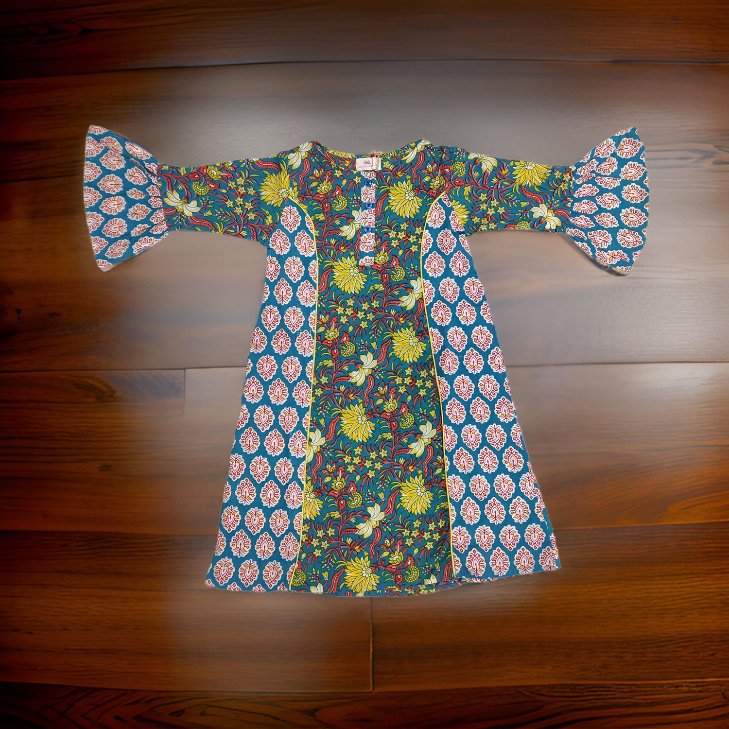 2-3 Year Yellow And Red Marry Printed Cotton Girls Dress 30&quot; Long Jalabiya