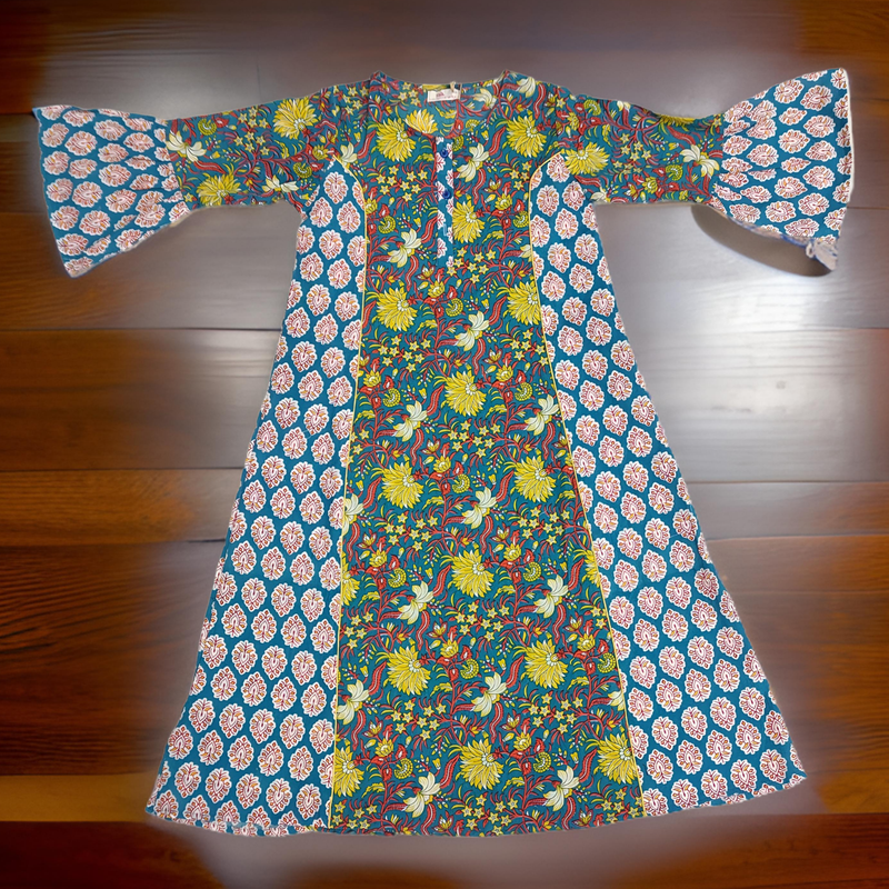8-9 Year Yellow And Red Marry Printed Cotton Girls Dress 42&quot; Long Jalabiya