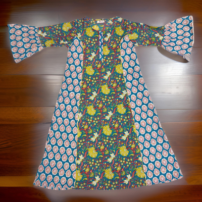 8-9 Year Yellow And Red Marry Printed Cotton Girls Dress 42&quot; Long Jalabiya