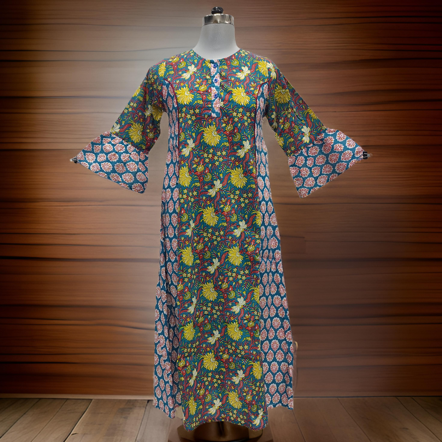 10-11 Year Yellow And Red Marry Printed Cotton Girls Dress 46&quot; Long Jalabiya