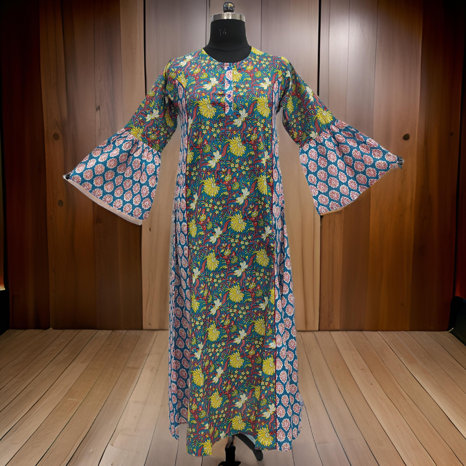 XS/S Yellow And Red Marry Printed Cotton Dress 54&quot; Long Jalabiya