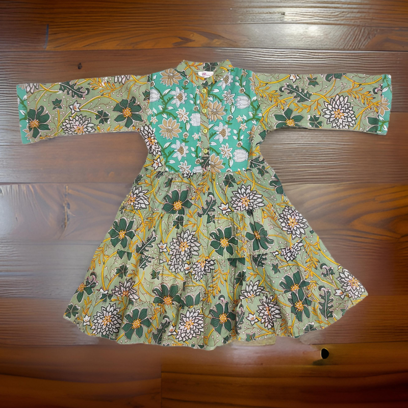 6-7 Year Cyan And Green Safia Printed Cotton Girls Dress 38&quot; Long Jalabiya