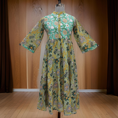 12-13 Year Cyan And Green Safia Printed Cotton Girls Dress 50&quot; Long Jalabiya