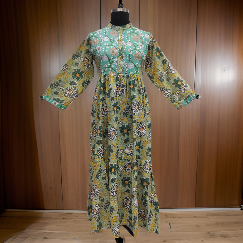 2XL/3XL Cyan And Green Safia Printed Cotton Dress 57&quot; Long Jalabiya