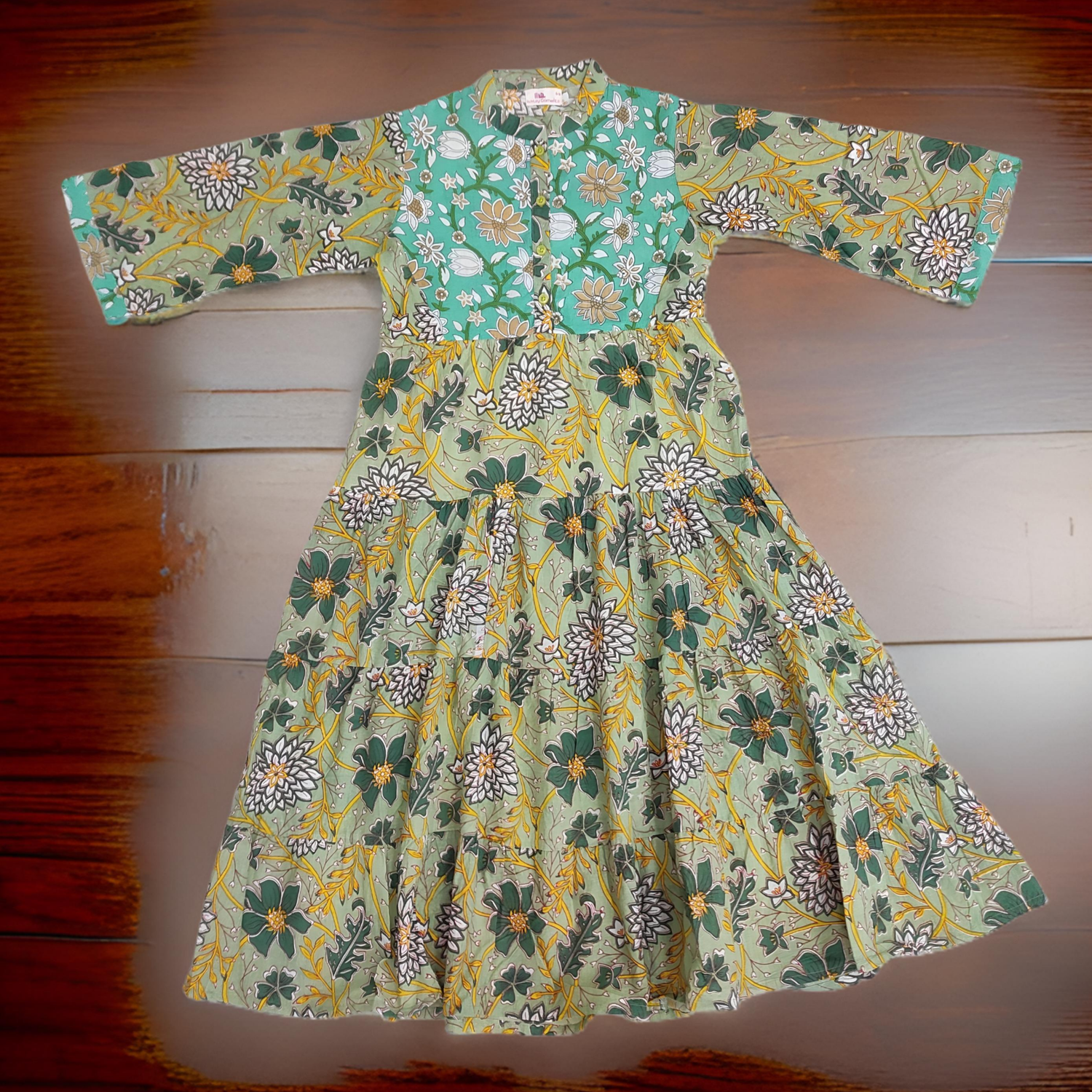 8-9 Year Cyan And Green Safia Printed Cotton Girls Dress 42&quot; Long Jalabiya