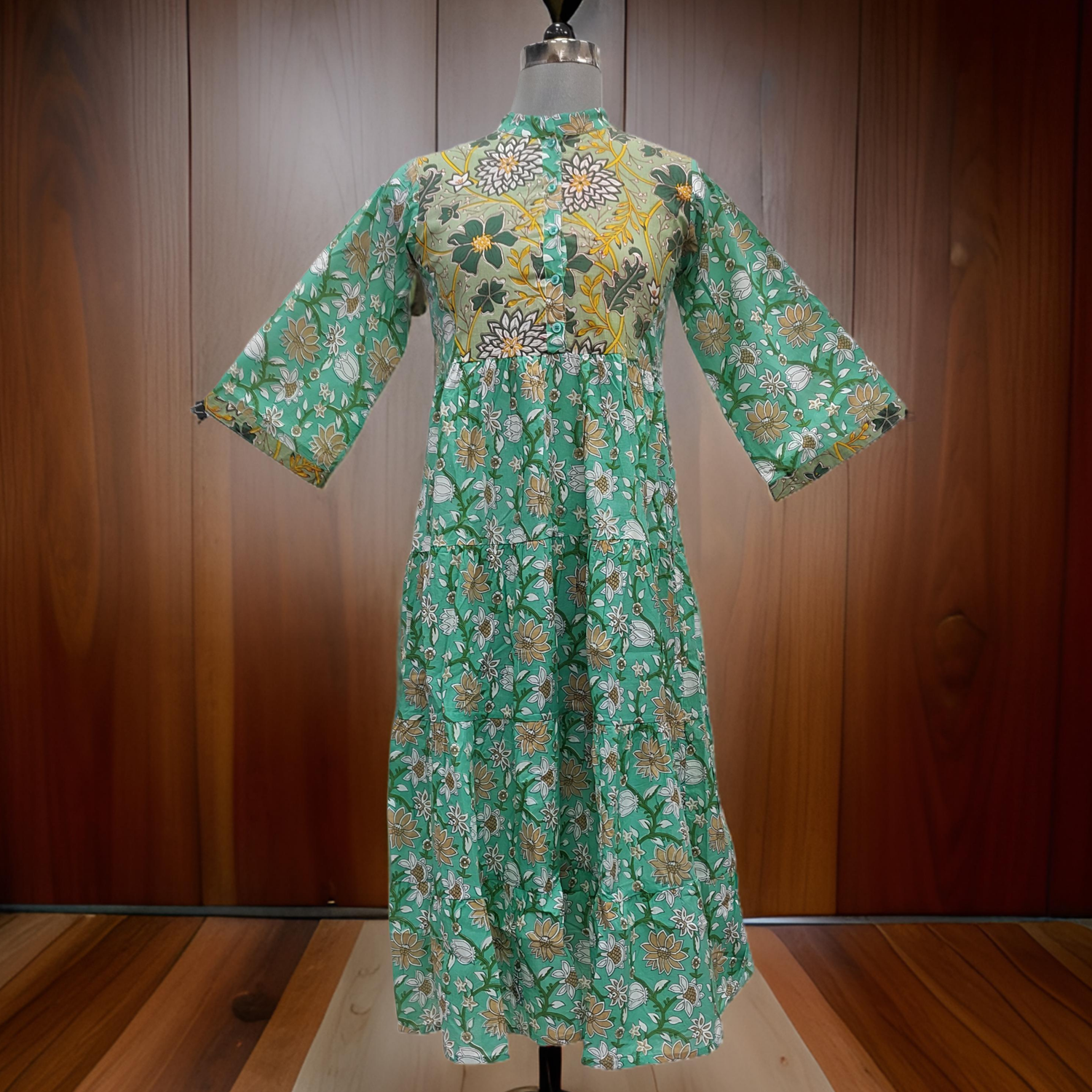 10-11 Year Green And Cyan Safia Printed Cotton Girls Dress 46&quot; Long Jalabiya