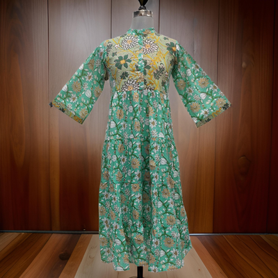 10-11 Year Green And Cyan Safia Printed Cotton Girls Dress 46&quot; Long Jalabiya
