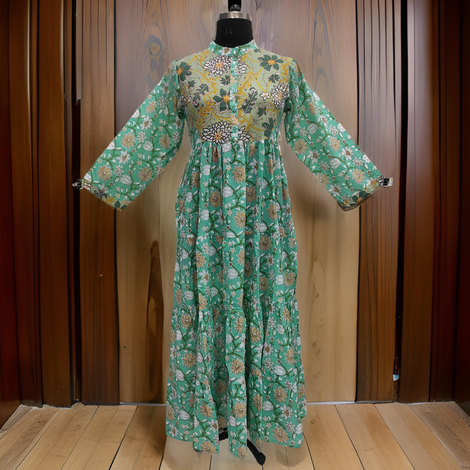 S/M Green And Cyan Safia Printed Cotton Dress 57&quot; Long Jalabiya