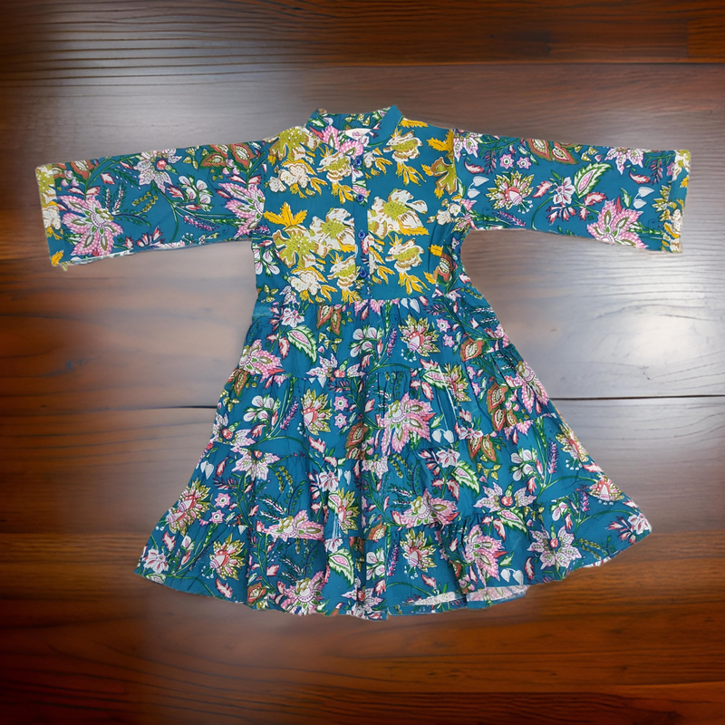 1-2 Year Yellow And Blue Safia Printed Cotton Girls Dress 26&quot; Long Jalabiya