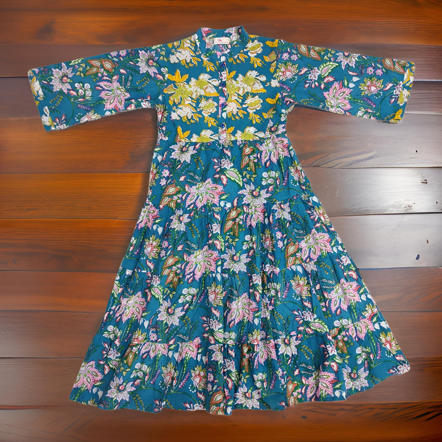 8-9 Year Yellow And Blue Safia Printed Cotton Girls Dress 42&quot; Long Jalabiya