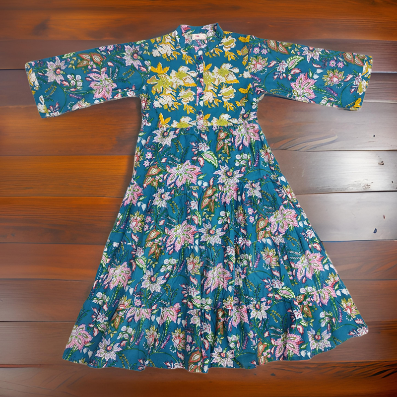 8-9 Year Yellow And Blue Safia Printed Cotton Girls Dress 42&quot; Long Jalabiya