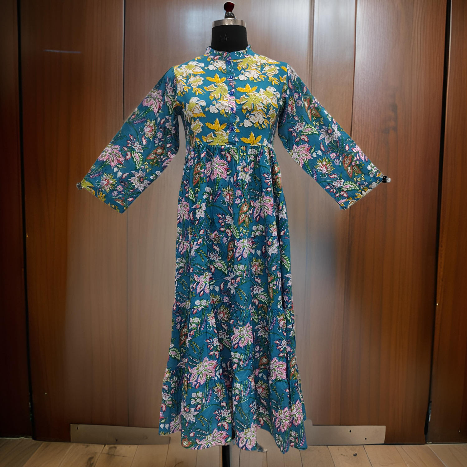 XS/S Yellow And Blue Safia Printed Cotton Dress 54&quot; Long Jalabiya