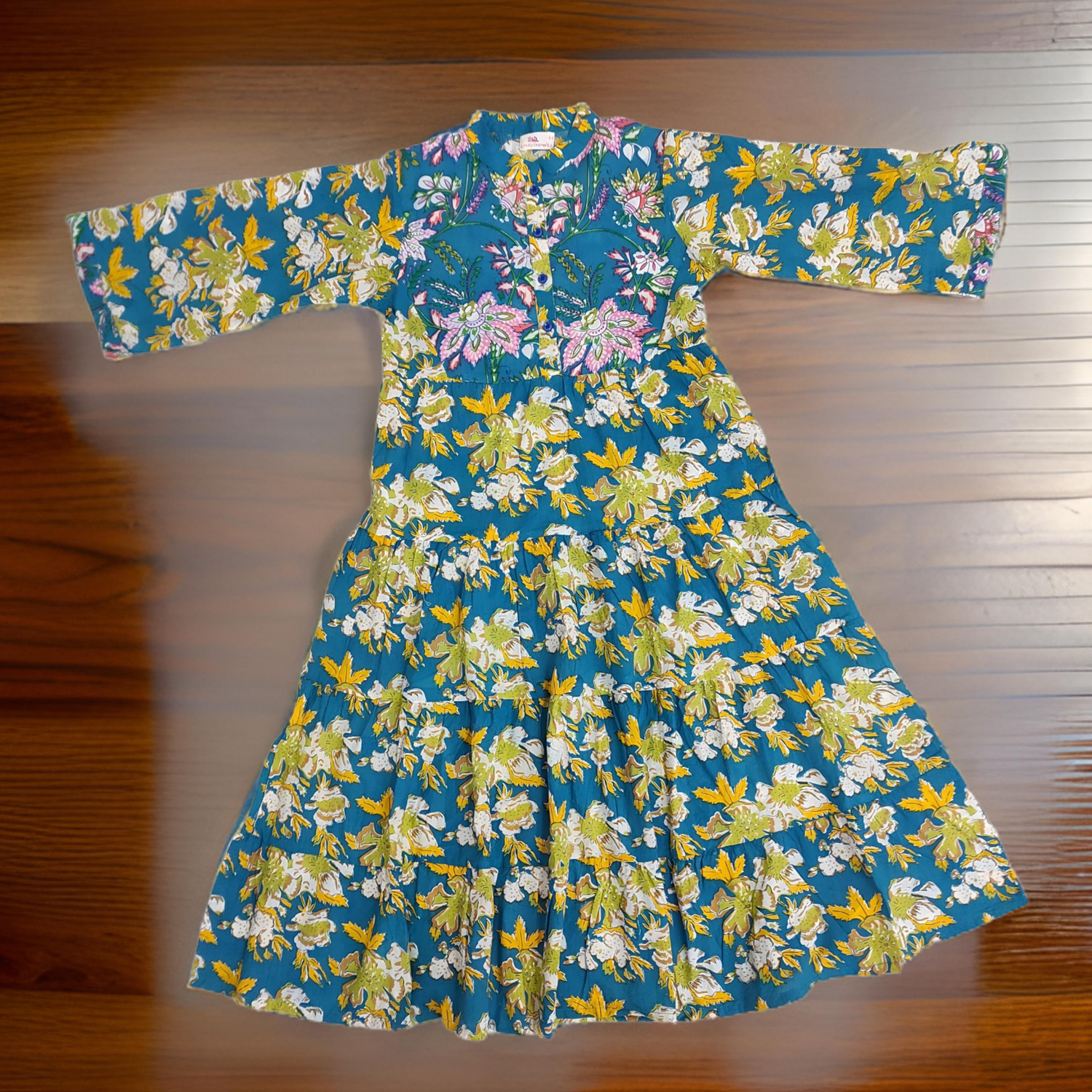 8-9 Year Blue And Yellow Safia Printed Cotton Girls Dress 42&quot; Long Jalabiya