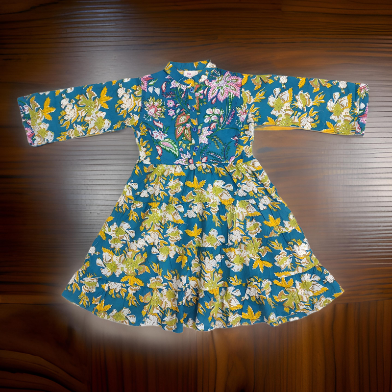 6-7 Year Blue And Yellow Safia Printed Cotton Girls Dress 38&quot; Long Jalabiya