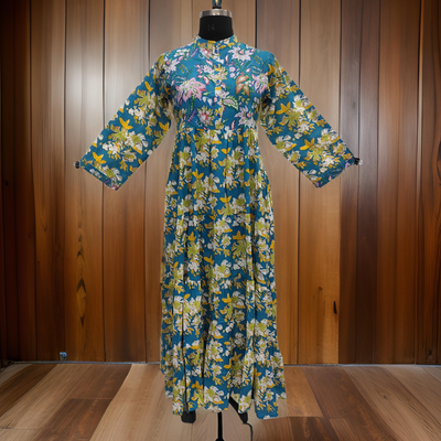 L/XL Blue And Yellow Safia Printed Cotton Dress 57&quot; Long Jalabiya