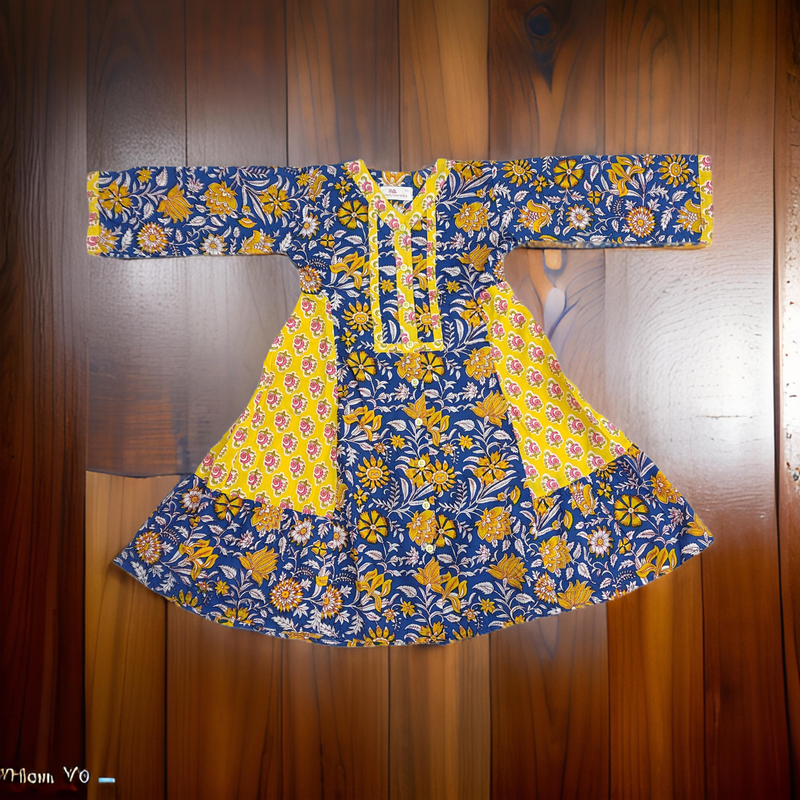 6-7 Year Blue And Yellow Tulip Printed Cotton Girls Dress 38&quot; Long Jalabiya