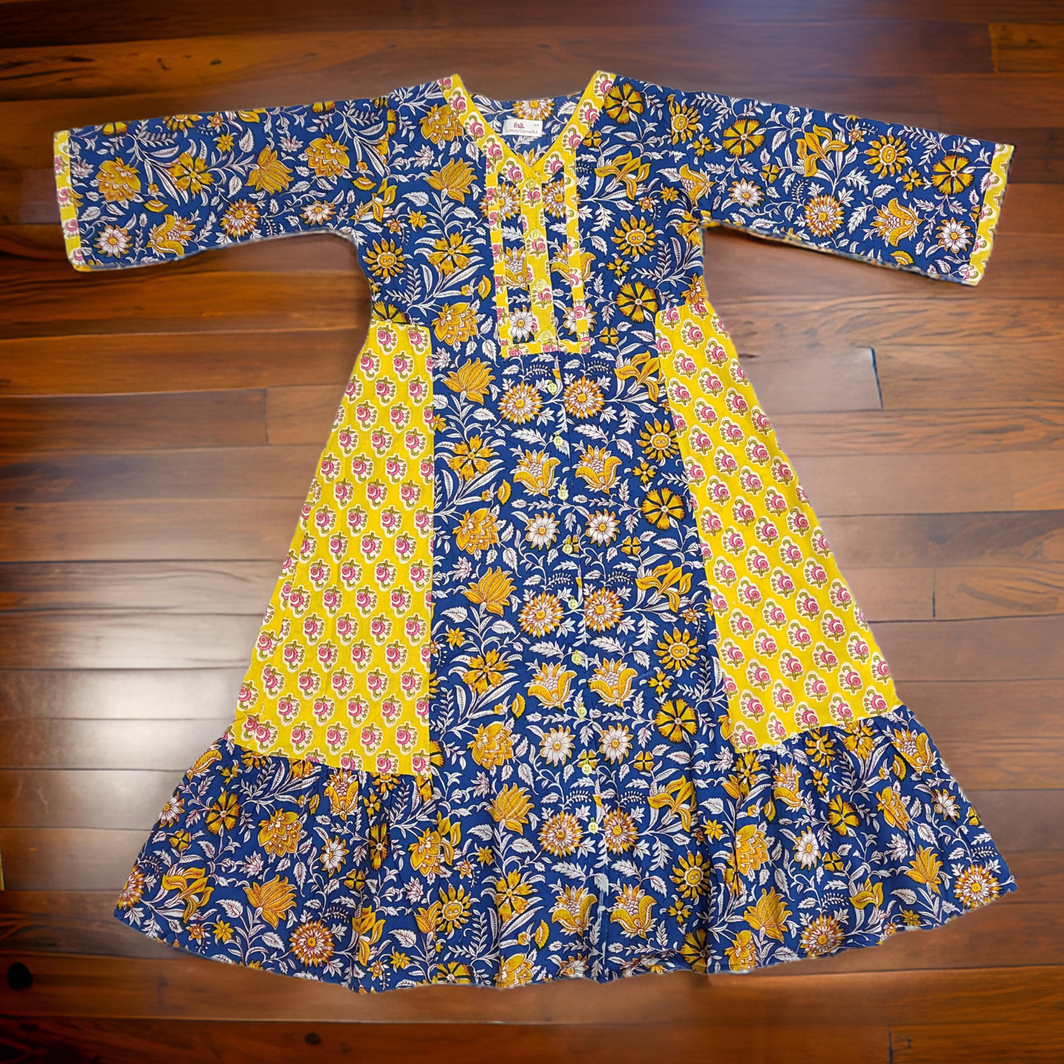 8-9 Year Blue And Yellow Tulip Printed Cotton Girls Dress 42&quot; Long Jalabiya