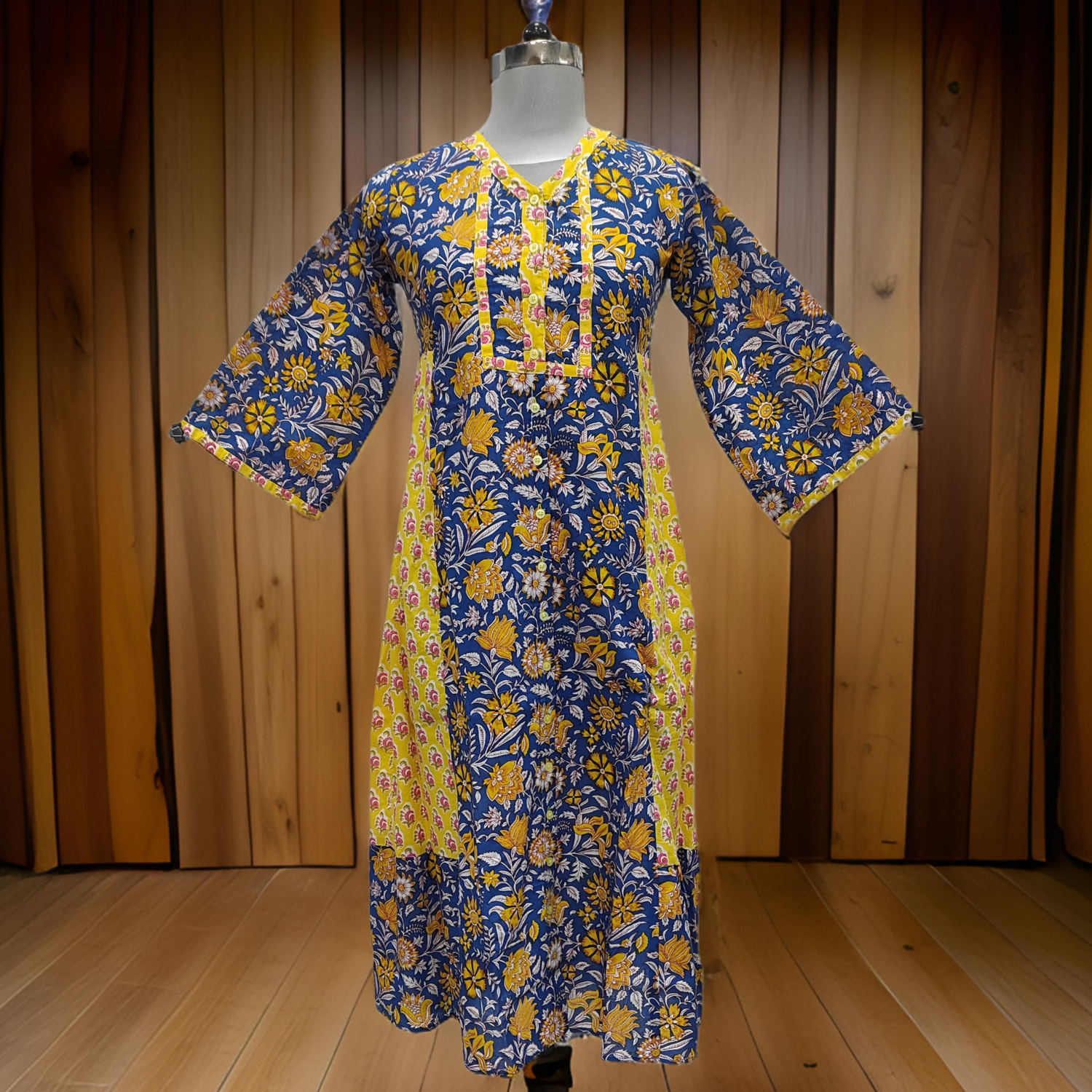 10-11 Year Blue And Yellow Tulip Printed Cotton Girls Dress 46&quot; Long Jalabiya