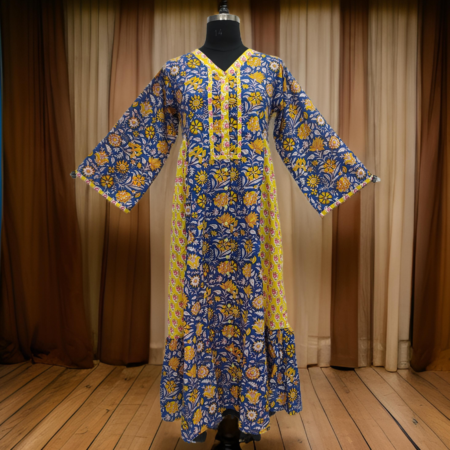 L/XL Blue And Yellow Tulip Printed Cotton Dress 57&quot; Long Jalabiya