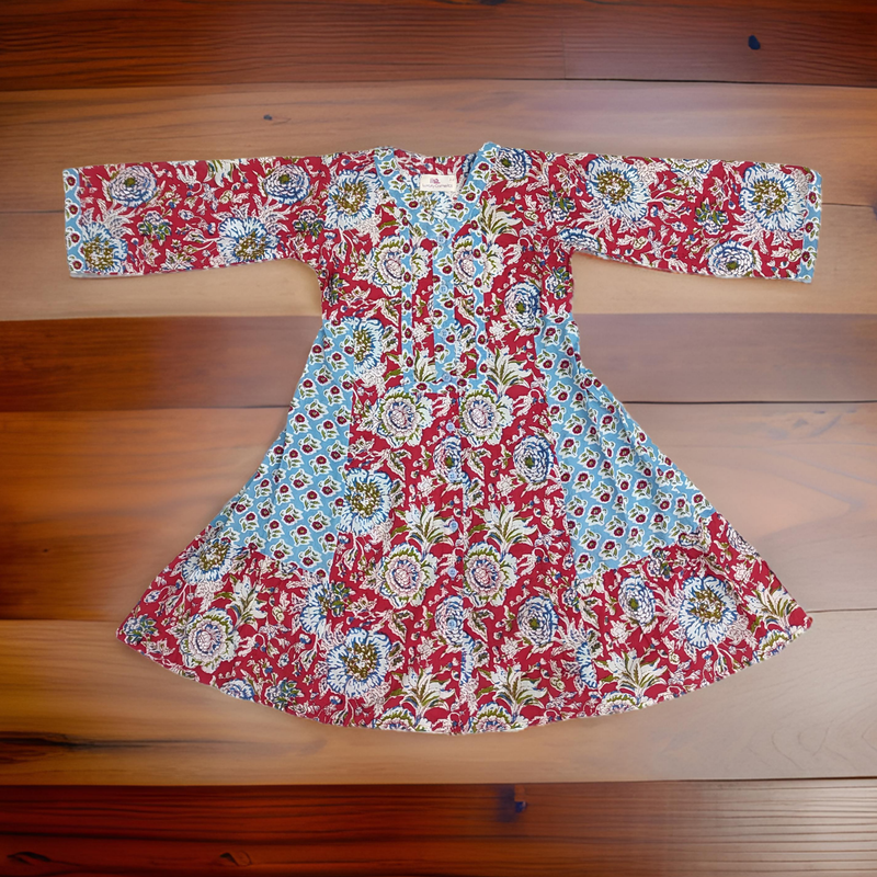 6-7 Year Red And Sky Tulip Printed Cotton Girls Dress 38&quot; Long Jalabiya