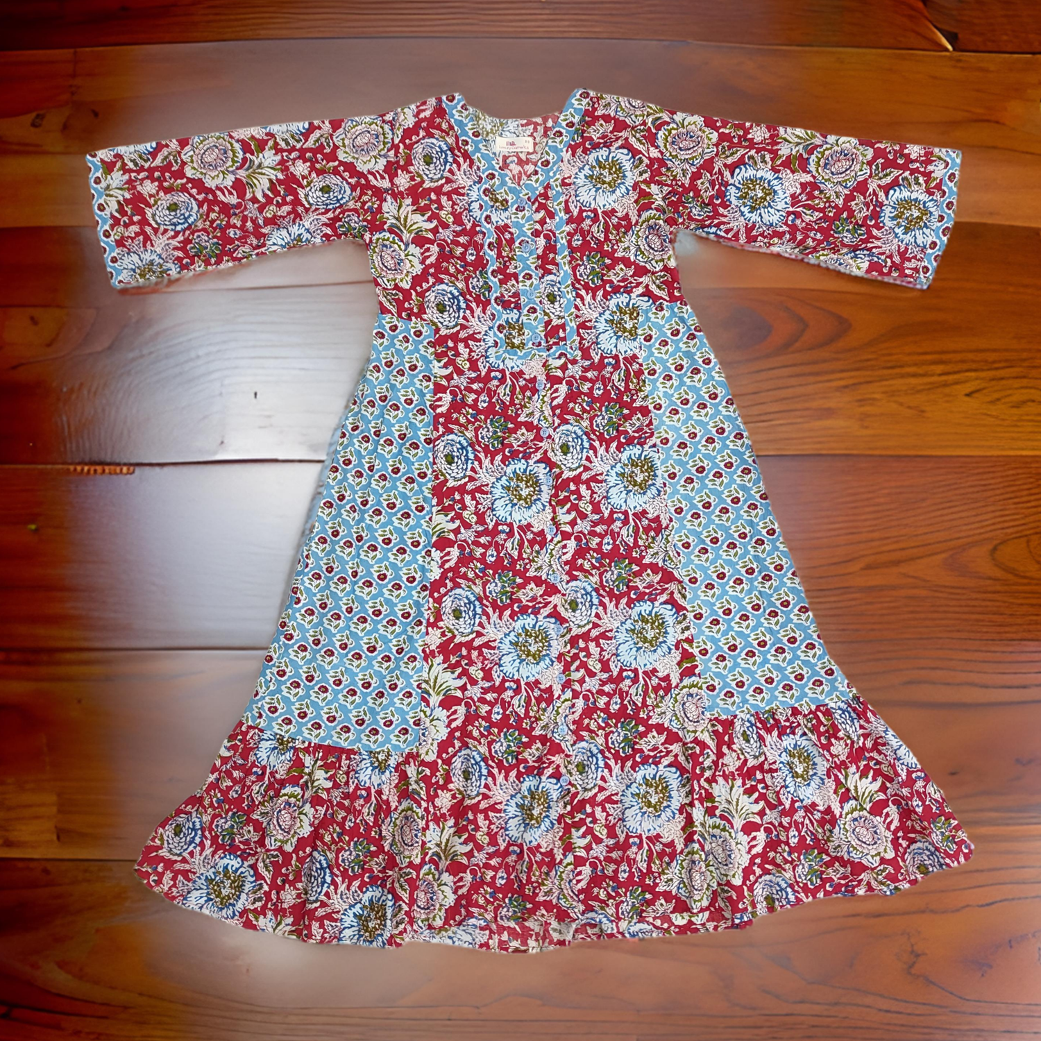 8-9 Year Red And Sky Tulip Printed Cotton Girls Dress 42&quot; Long Jalabiya