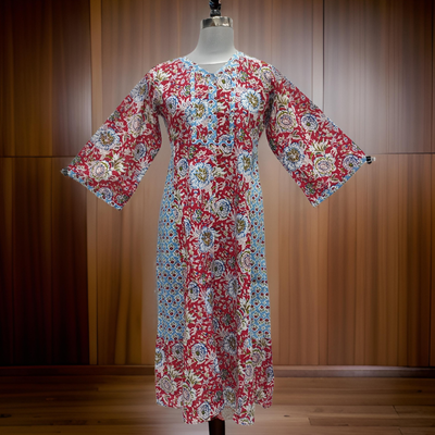 10-11 Year Red And Sky Tulip Printed Cotton Girls Dress 46&quot; Long Jalabiya
