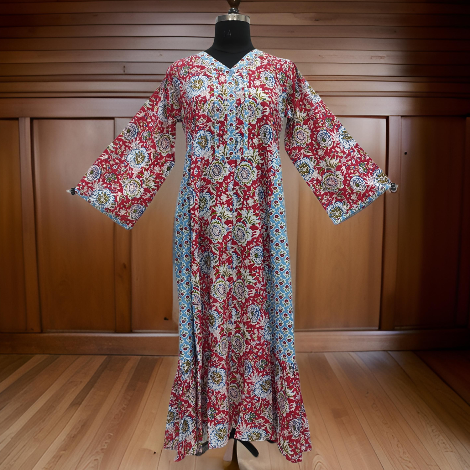S/M Red And Sky Tulip Printed Cotton Dress 57&quot; Long Jalabiya