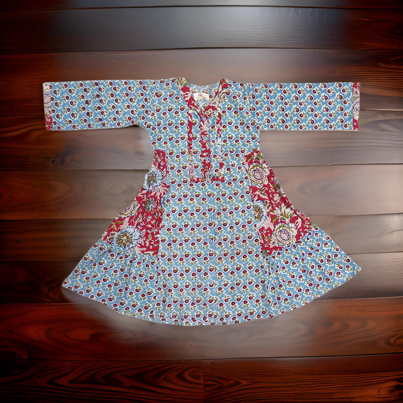 1-2 Year Sky And Red Tulip Printed Cotton Girls Dress 26&quot; Long Jalabiya