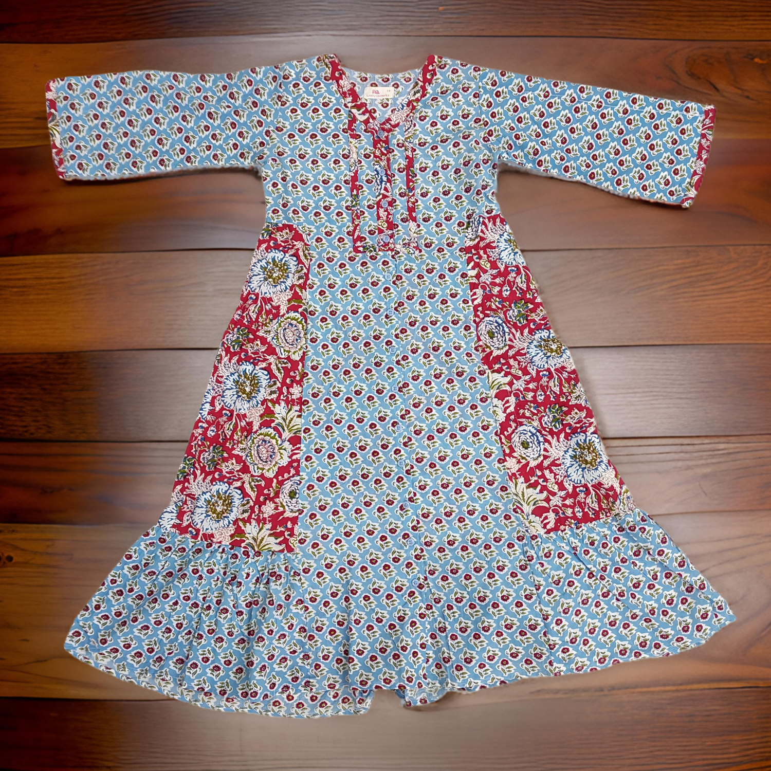 8-9 Year Sky And Red Tulip Printed Cotton Girls Dress 42&quot; Long Jalabiya