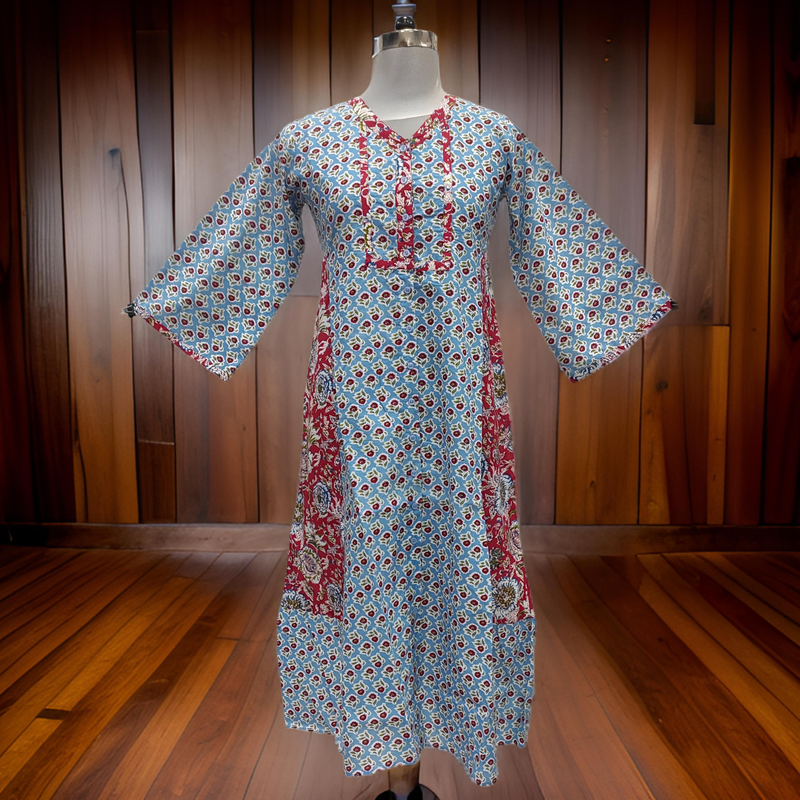 12-13 Year Sky And Red Tulip Printed Cotton Girls Dress 50&quot; Long Jalabiya