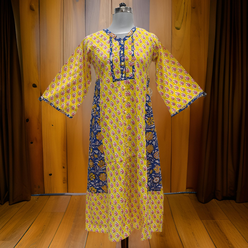 10-11 Year Yellow And Blue Tulip Printed Cotton Girls Dress 46&quot; Long Jalabiya