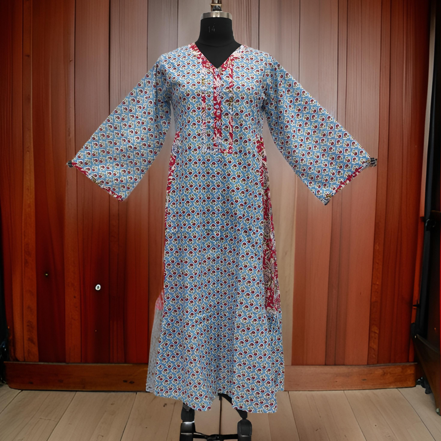 2XL/3XL Sky And Red Tulip Printed Cotton Dress 57&quot; Long Jalabiya