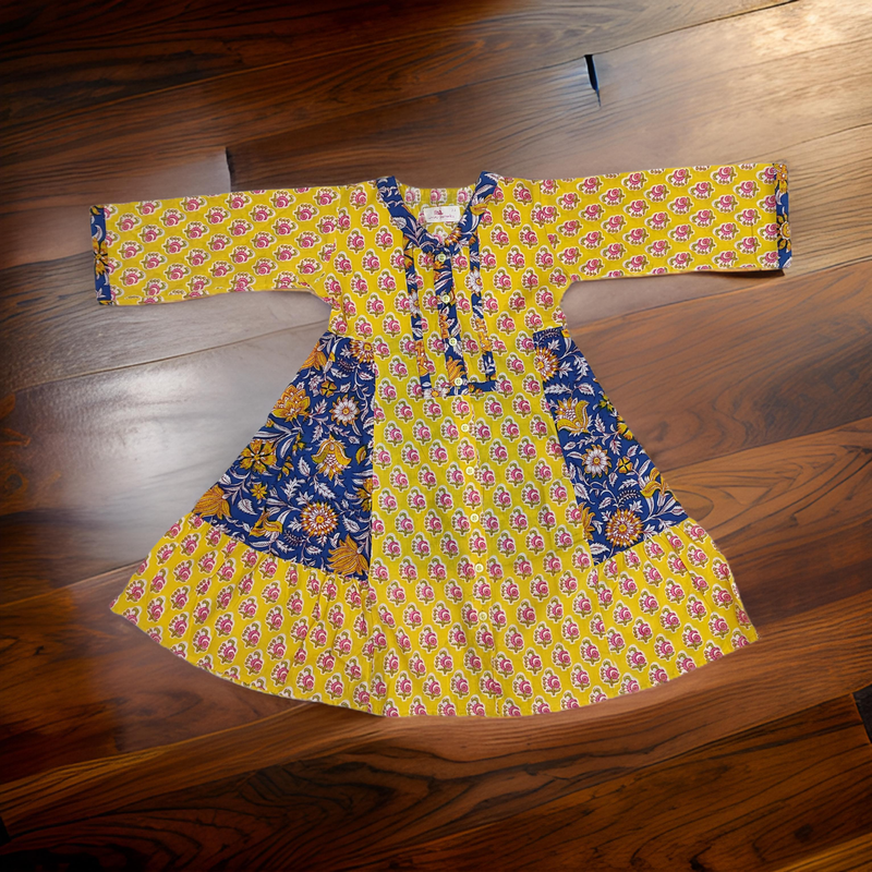 4-5 Year Yellow And Blue Tulip Printed Cotton Girls Dress 34&quot; Long Jalabiya