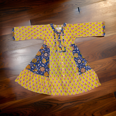 4-5 Year Yellow And Blue Tulip Printed Cotton Girls Dress 34&quot; Long Jalabiya